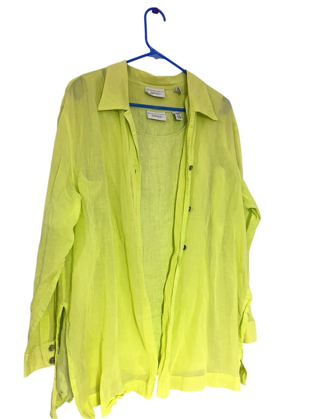 Lord & Taylor Sheer Lime Green Button-Up Top